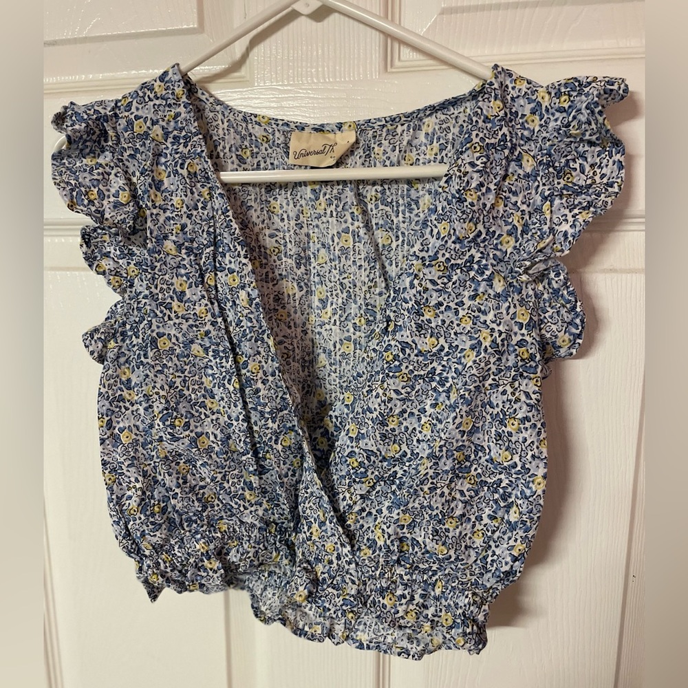 Blue Floral V Neck Cropped Blouse